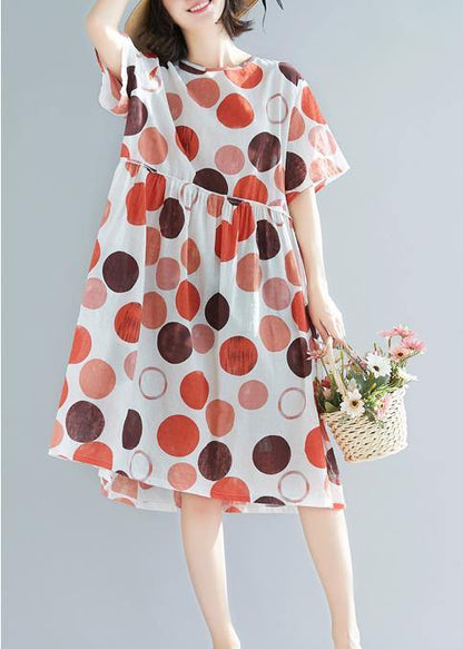 Style Red Dotted Linen Clothes for Design O Neck Short Sleeve Summer Dress