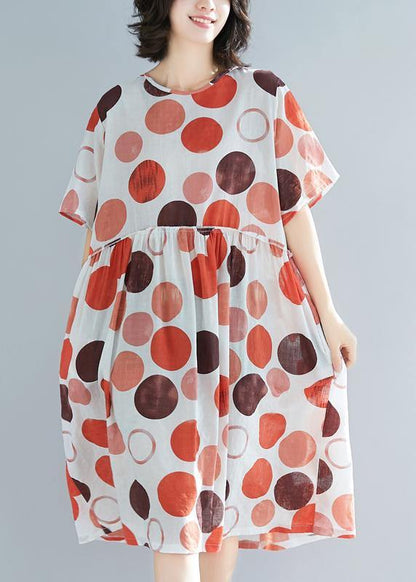 Style Red Dotted Linen Clothes for Design O Neck Short Sleeve Summer Dress
