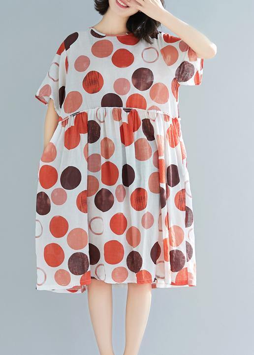 Style Red Dotted Linen Clothes for Design O Neck Short Sleeve Summer Dress