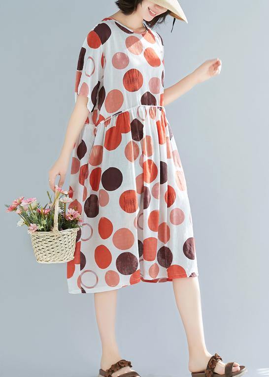 Style Red Dotted Linen Clothes for Design O Neck Short Sleeve Summer Dress