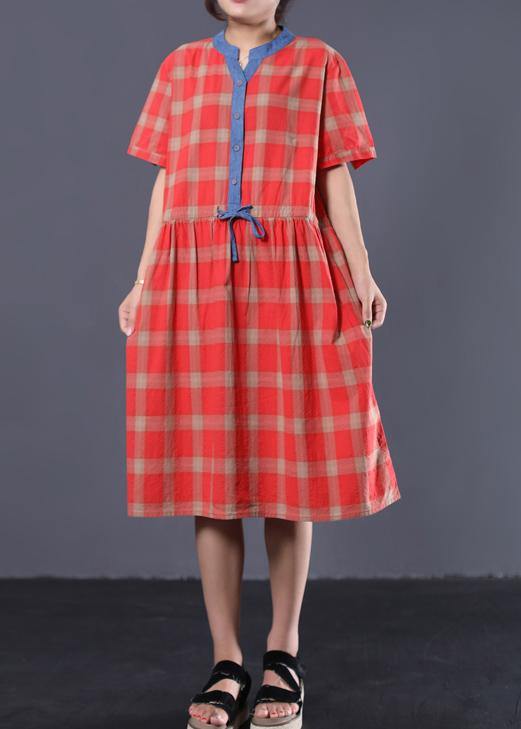 Style Red Plaid Cotton Clothes for Patchwork Color Long Summer Dresses
