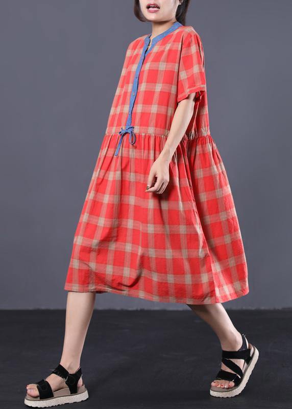 Style Red Plaid Cotton Clothes for Patchwork Color Long Summer Dresses