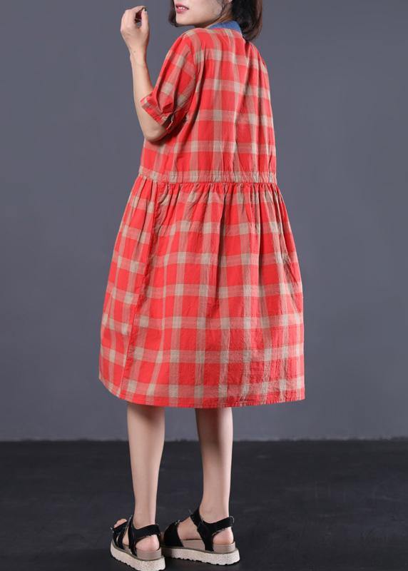 Style Red Plaid Cotton Clothes for Patchwork Color Long Summer Dresses
