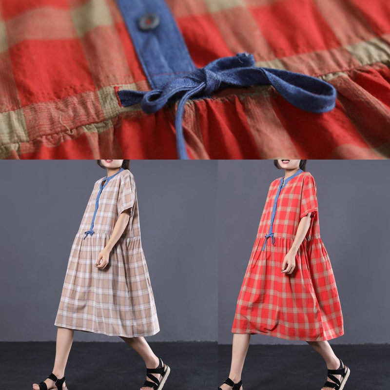 Style Red Plaid Cotton Clothes for Patchwork Color Long Summer Dresses