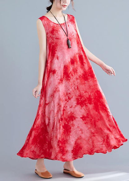 Style Red Print Cotton Linen Clothes for Sleeveless Pockets Long Summer Dresses