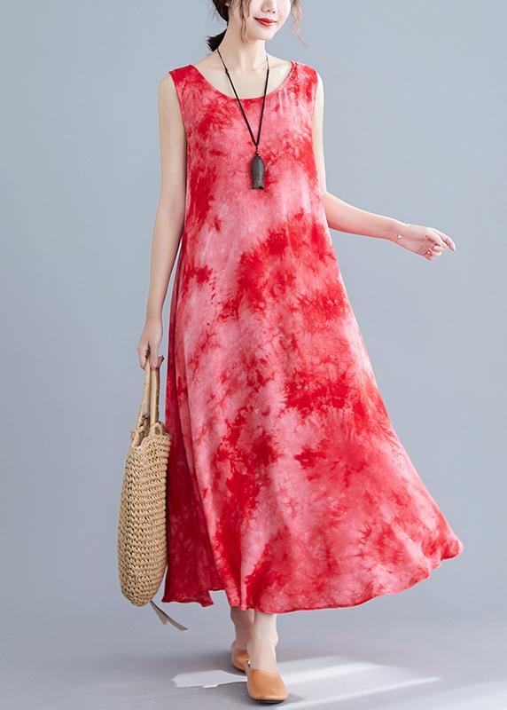 Style Red Print Cotton Linen Clothes for Sleeveless Pockets Long Summer Dresses