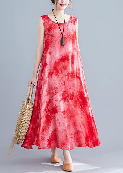 Style Red Print Cotton Linen Clothes for Sleeveless Pockets Long Summer Dresses
