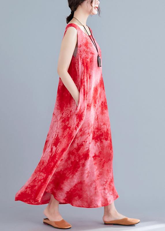 Style Red Print Cotton Linen Clothes for Sleeveless Pockets Long Summer Dresses