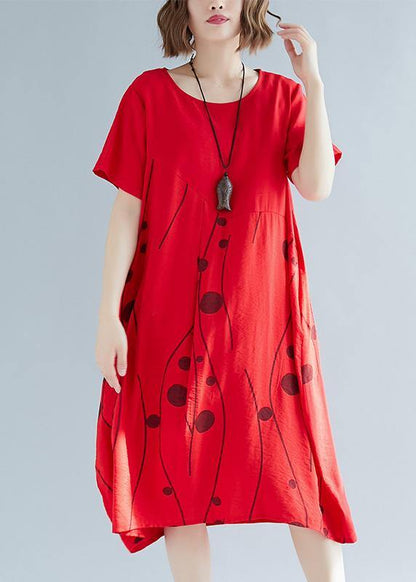 Style Red Print Cotton Outfit O Neck Shift Summer Dresses