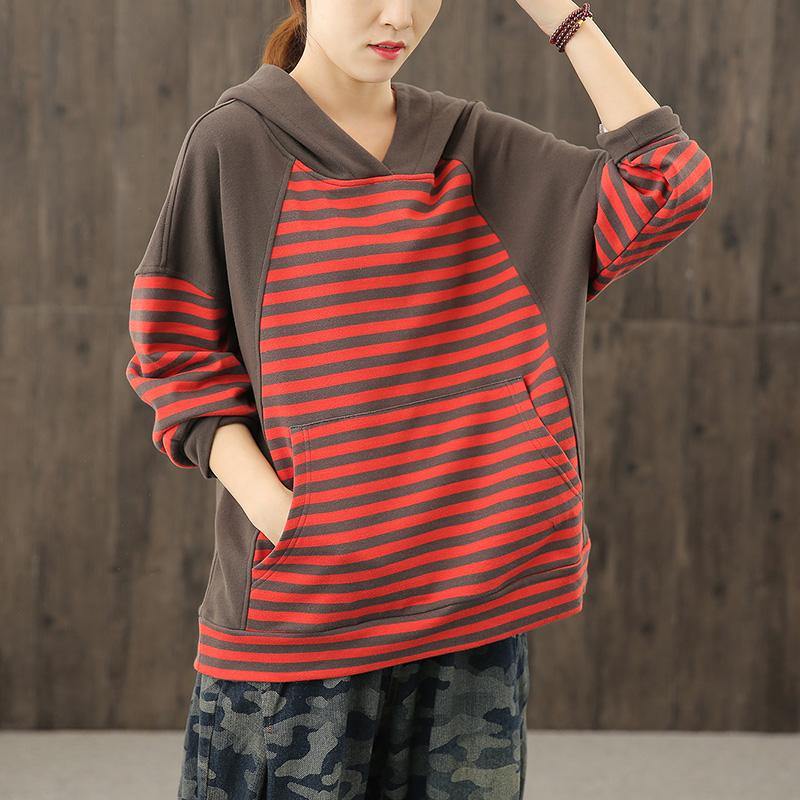 Style Red Striped Tunics for Hooded Patchwork Baggy Blouses