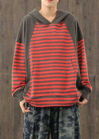 Style Red Striped Tunics for Hooded Patchwork Baggy Blouses