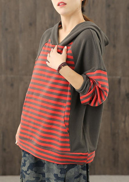 Style red striped tunics for women hooded patchwork baggy blouses