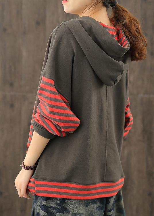 Style Red Striped Tunics for Hooded Patchwork Baggy Blouses