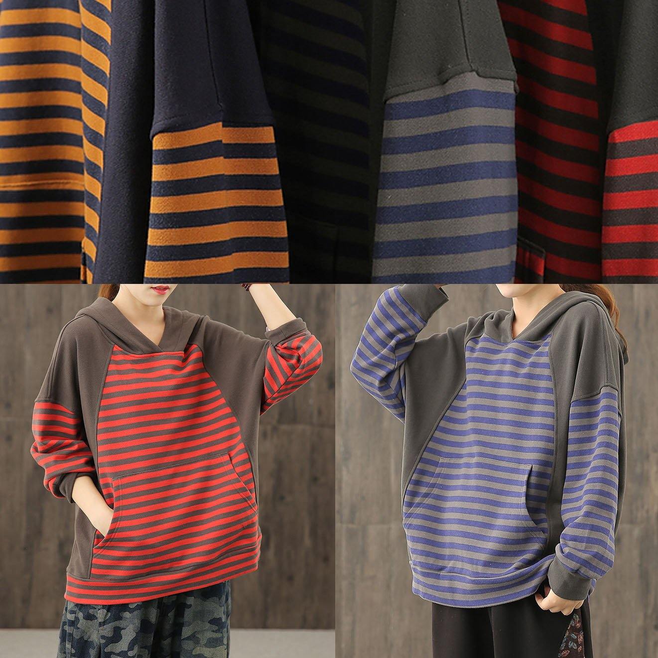 Style red striped tunics for women hooded patchwork baggy blouses