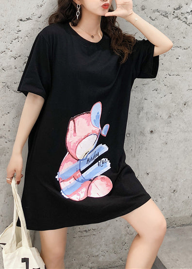 Style Short Sleeve Cotton Tunic Pattern Stitches Sewing Black Print Dress Summer