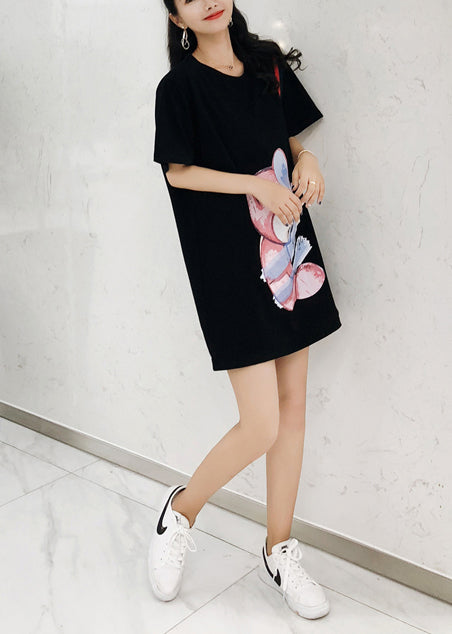 Style Short Sleeve Cotton Tunic Pattern Stitches Sewing Black Print Dress Summer