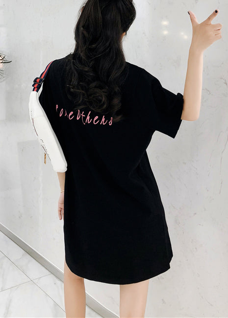 Style Short Sleeve Cotton Tunic Pattern Stitches Sewing Black Print Dress Summer