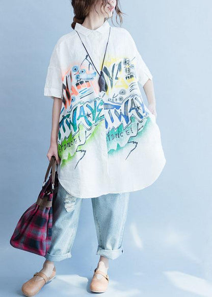 Style Side Open Linen Tunic Top White Prints Baggy Top Summer