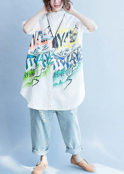 Style Side Open Linen Tunic Top White Prints Baggy Top Summer
