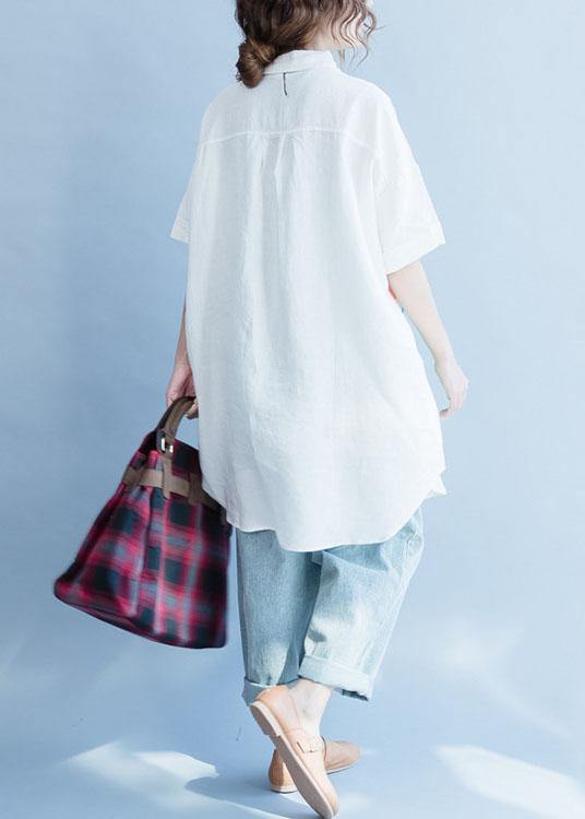 Style Side Open Linen Tunic Top White Prints Baggy Top Summer