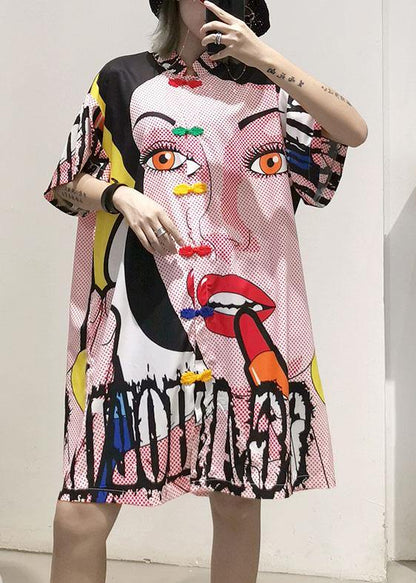 Style Stand Collar Cotton Dress Sewing Pink Cartoon Print Dresses Summer