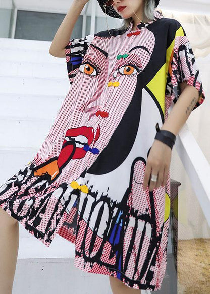 Style Stand Collar Cotton Dress Sewing Pink Cartoon Print Dresses Summer