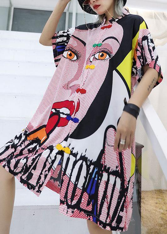 Style Stand Collar Cotton Dress Sewing Pink Cartoon Print Dresses Summer