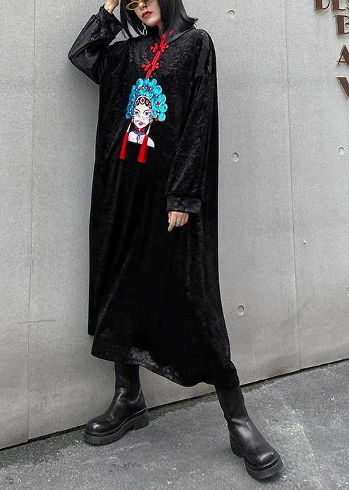 Style Stand Collar Tunics Runway Black Print a Line Dresses