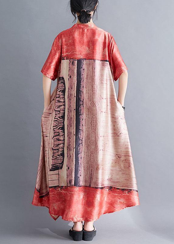 Style Stand Collar Chiffon Clothes Catwalk Red Prints Art Dresses Summer