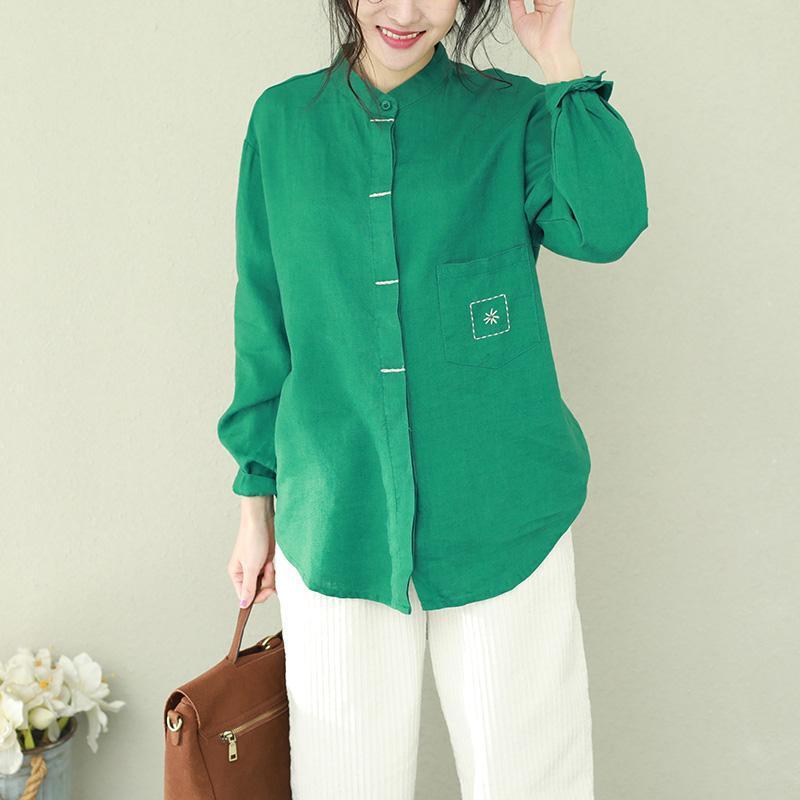 Style Stand Collar Linen Tops Blouses Sewing Green Short Blouses