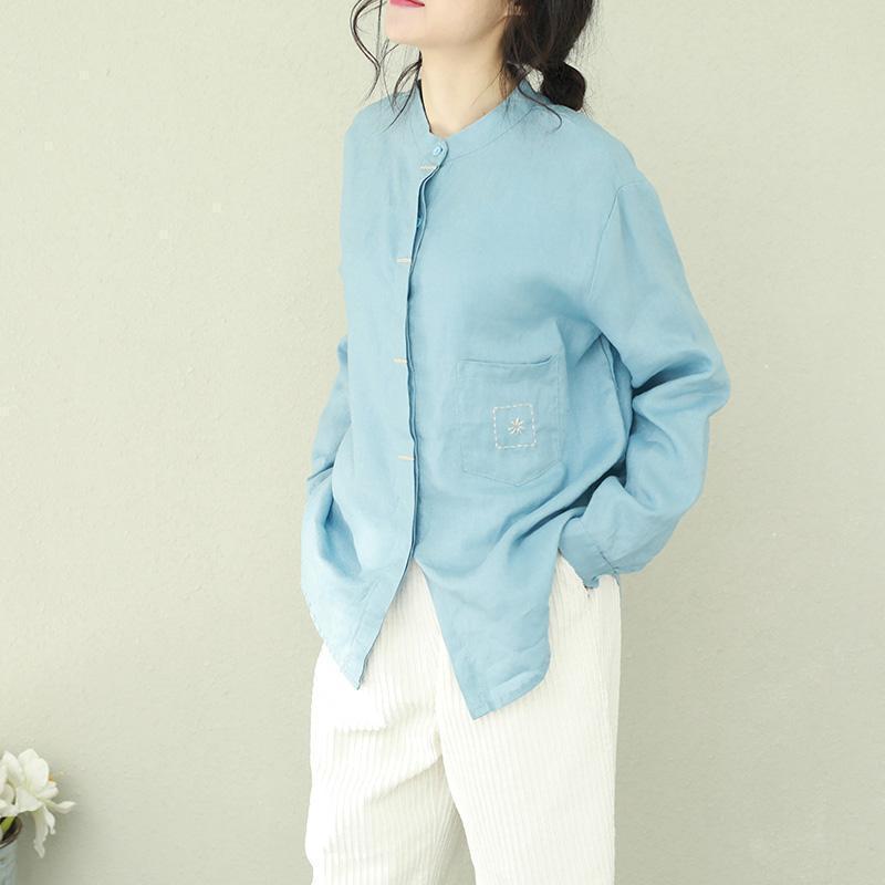 Style Stand Collar Linen Tops Blouses Sewing Green Short Blouses