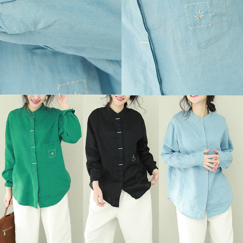 Style Stand Collar Linen Tops Blouses Sewing Green Short Blouses