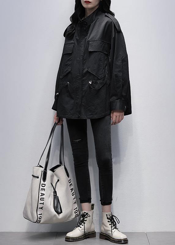 Style Stand Collar Pockets Tunic Coat Black Print Loose Outwears