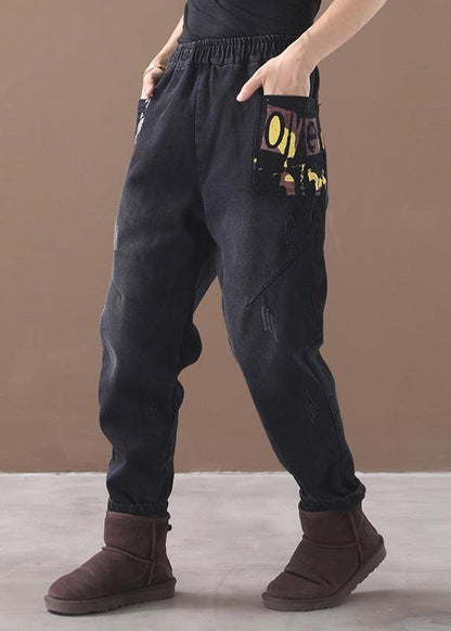 Style Thick Pants Elastic Waist Black Design Appliques Pants