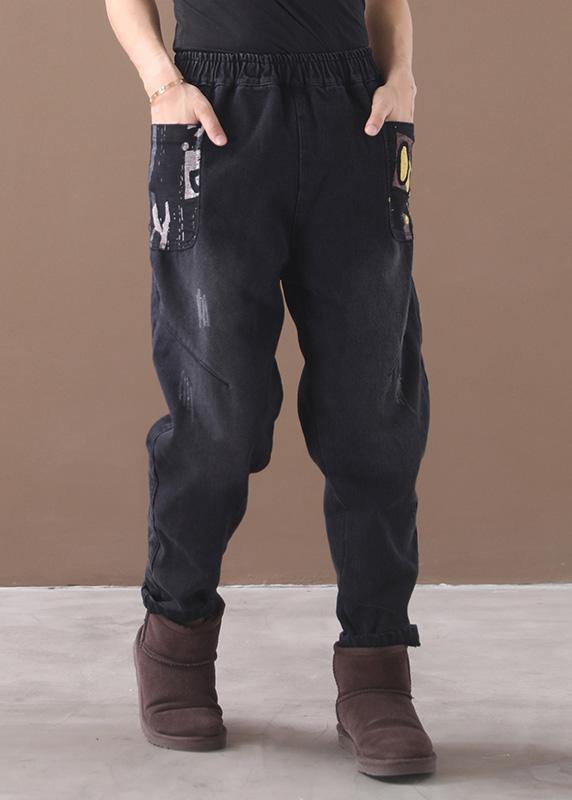 Style Thick Pants Elastic Waist Black Design Appliques Pants