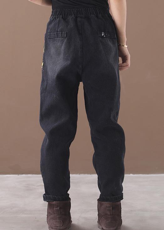 Style Thick Pants Elastic Waist Black Design Appliques Pants