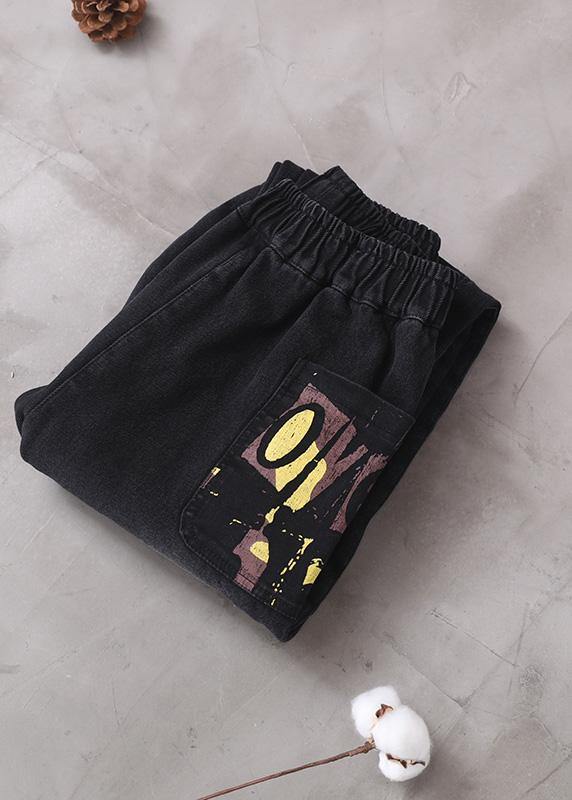 Style Thick Pants Elastic Waist Black Design Appliques Pants