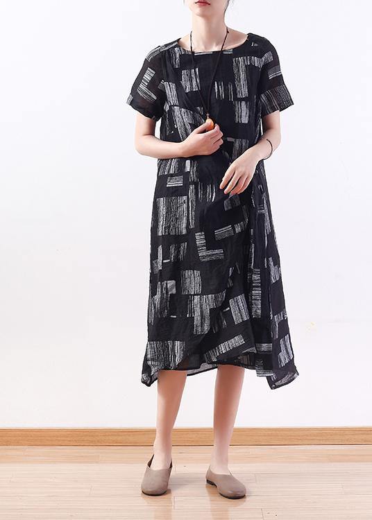 Style Tie Waist Linen Clothes Neckline Black Prints Dress Summer