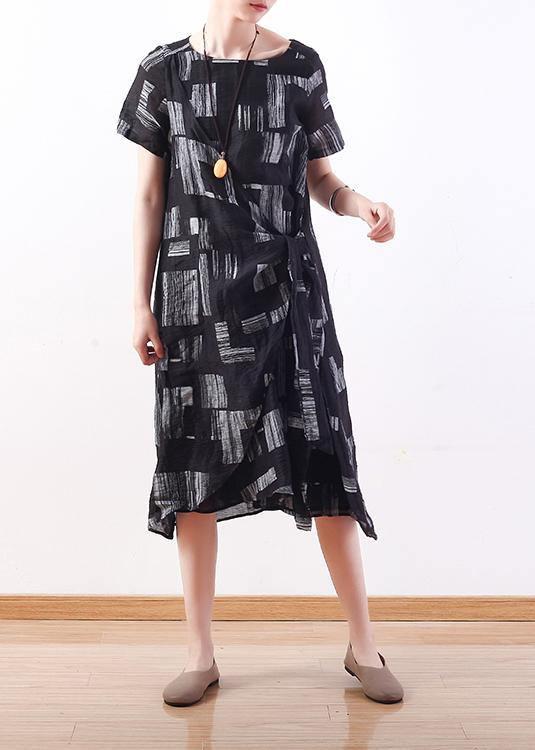 Style Tie Waist Linen Clothes Neckline Black Prints Dress Summer