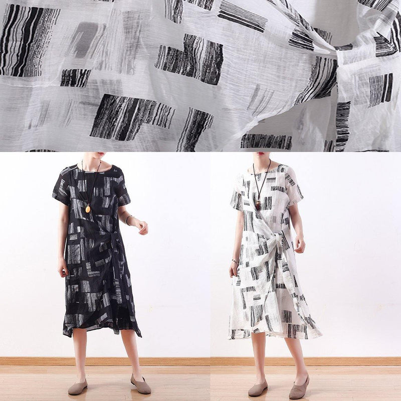 Style Tie Waist Linen Clothes Neckline Black Prints Dress Summer