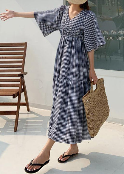 Style V Neck Ruffles Linen Cotton Summer Quilting Dresses Work Plaid Dress