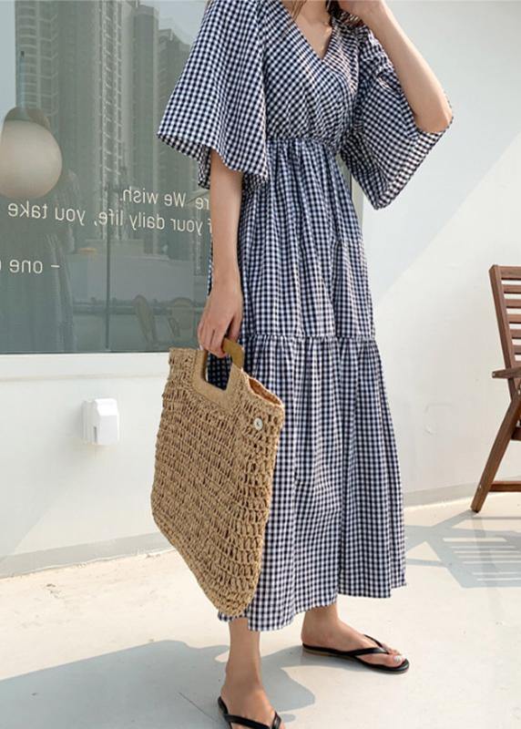 Style V Neck Ruffles Linen Cotton Summer Quilting Dresses Work Plaid Dress
