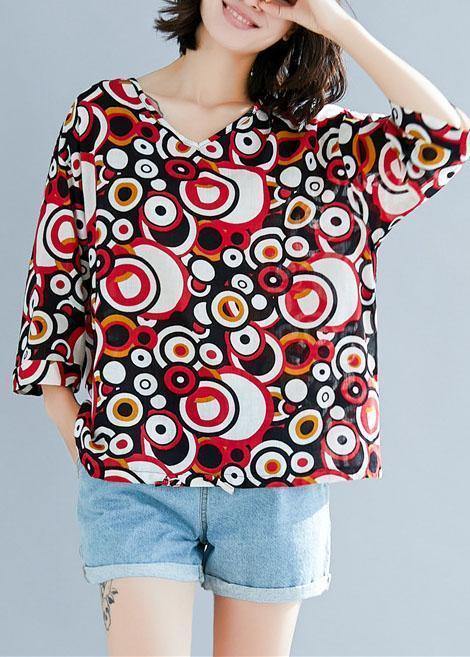 Style V Neck Cotton Shirts Work Outfits Red Prints Top Summer