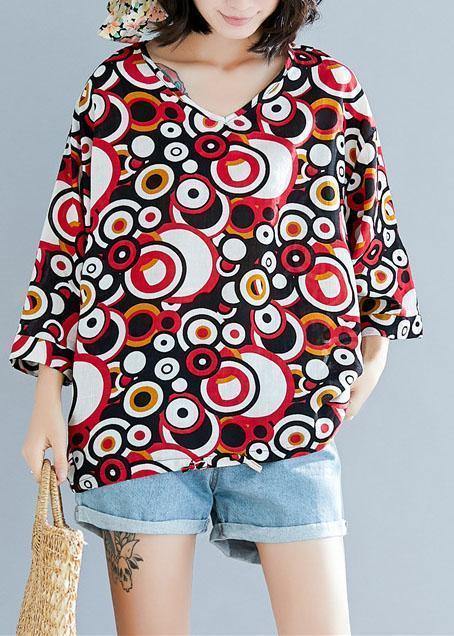Style V Neck Cotton Shirts Work Outfits Red Prints Top Summer