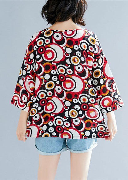 Style V Neck Cotton Shirts Work Outfits Red Prints Top Summer