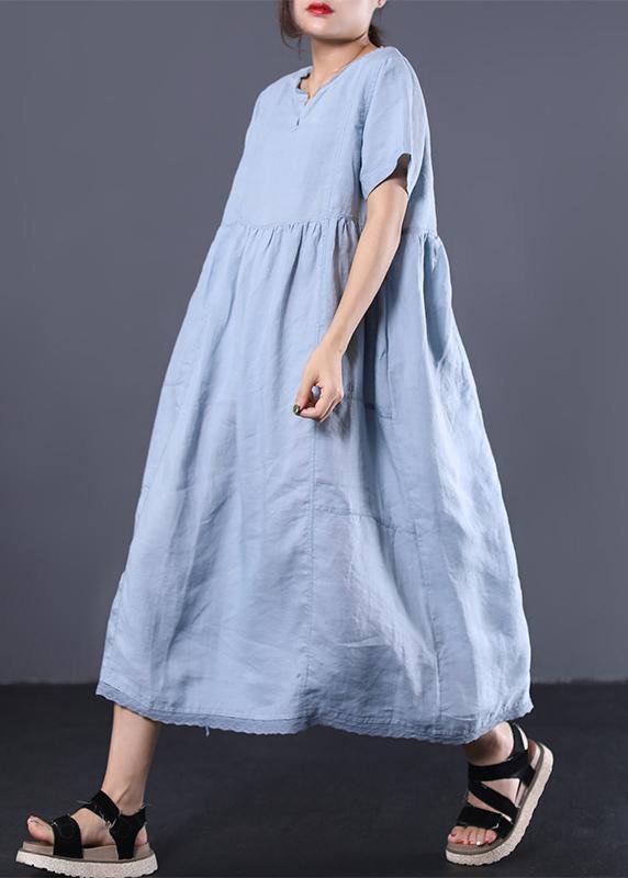 Style V Neck Linen Clothes for Work Outfits Light Blue Dress Summer