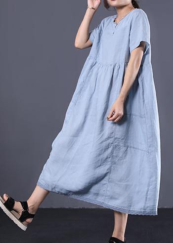 Style V Neck Linen Clothes for Work Outfits Light Blue Dress Summer