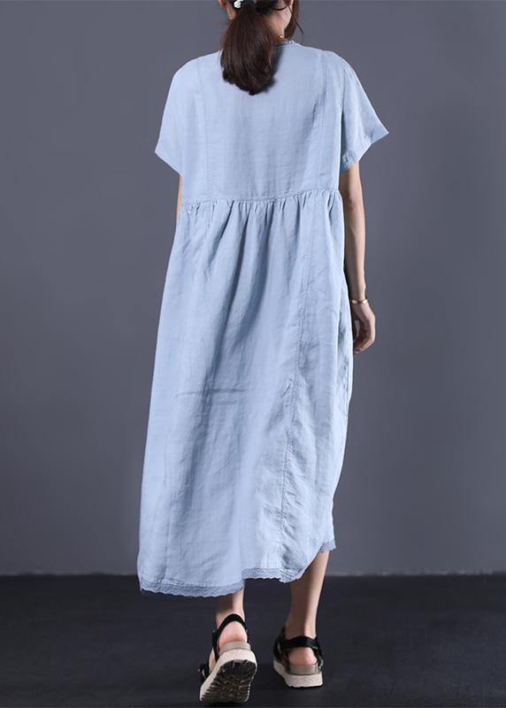 Style V Neck Linen Clothes for Work Outfits Light Blue Dress Summer