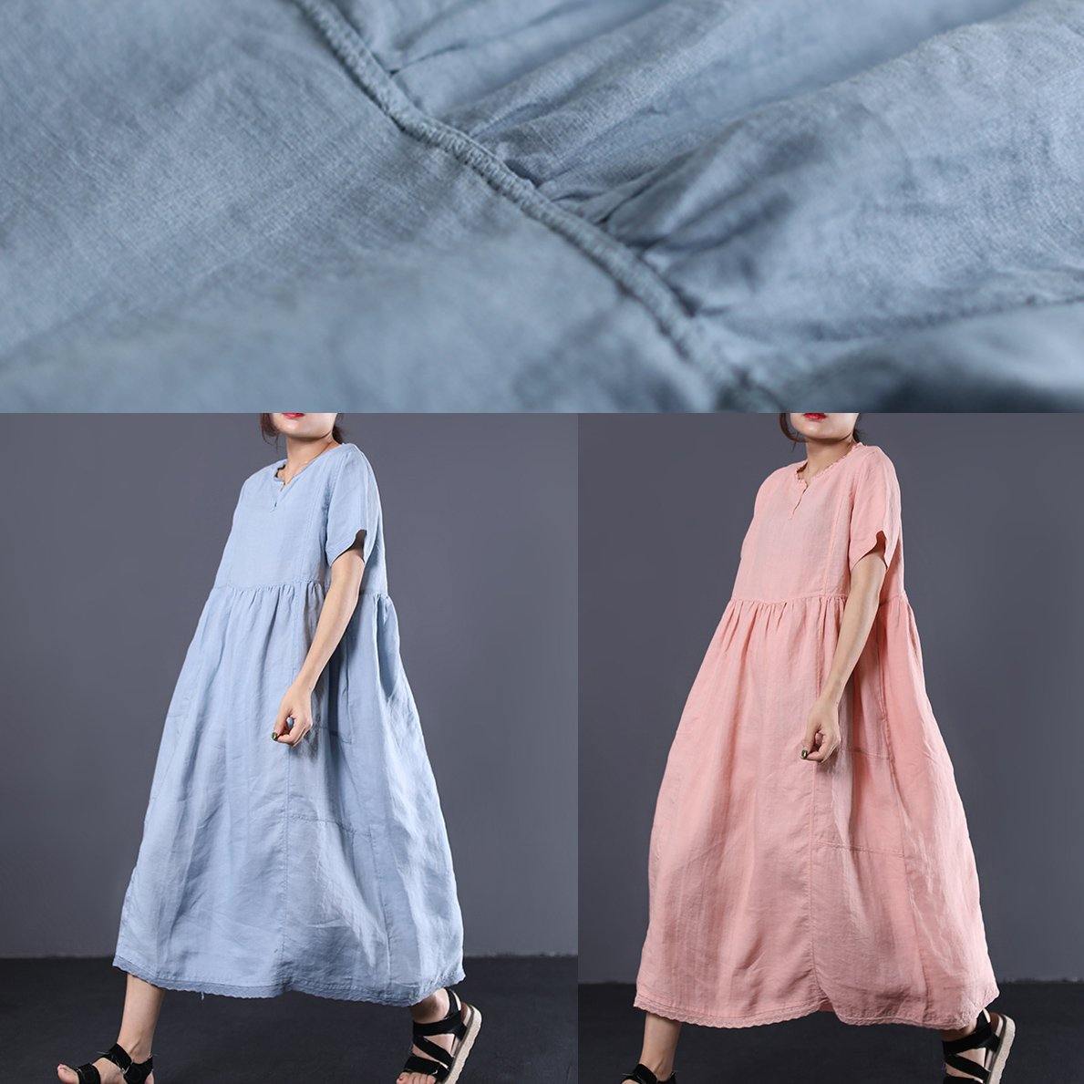 Style V Neck Linen Clothes for Work Outfits Light Blue Dress Summer