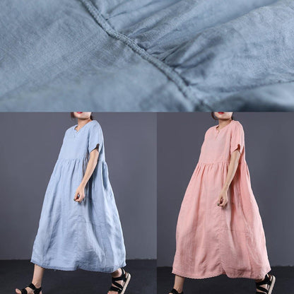 Style V Neck Linen Clothes for Work Outfits Light Blue Dress Summer